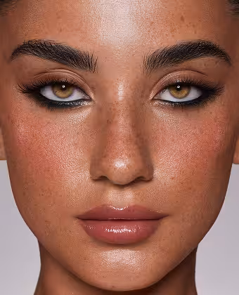 Frau mit Smokey Eyes und Sommersprossen schaut frontal in die Kamera