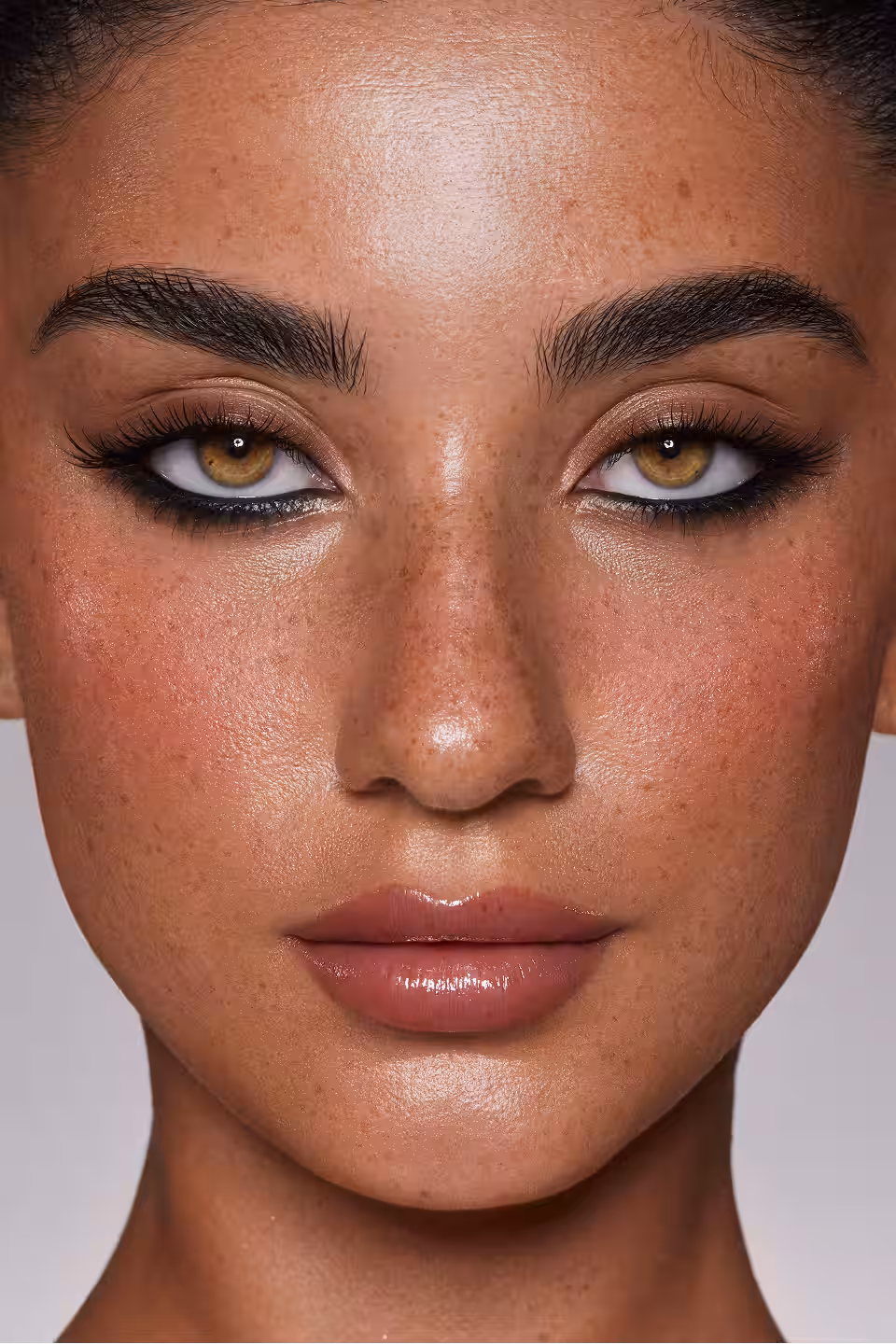 Nahaufnahme eines Gesichts mit betonten Augenbrauen nach Microblading und Microshading, freckled skin und glänzenden Lippen.